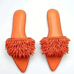 Orange Funky Women's Bead Embroidery Decorated Fabric Flat Comfortable Sandals